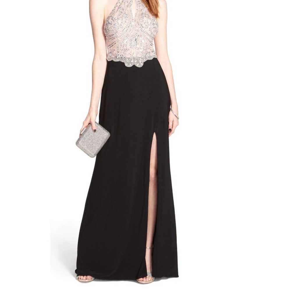 Blondie Nites Embellished Keyhole Front Halter Gown